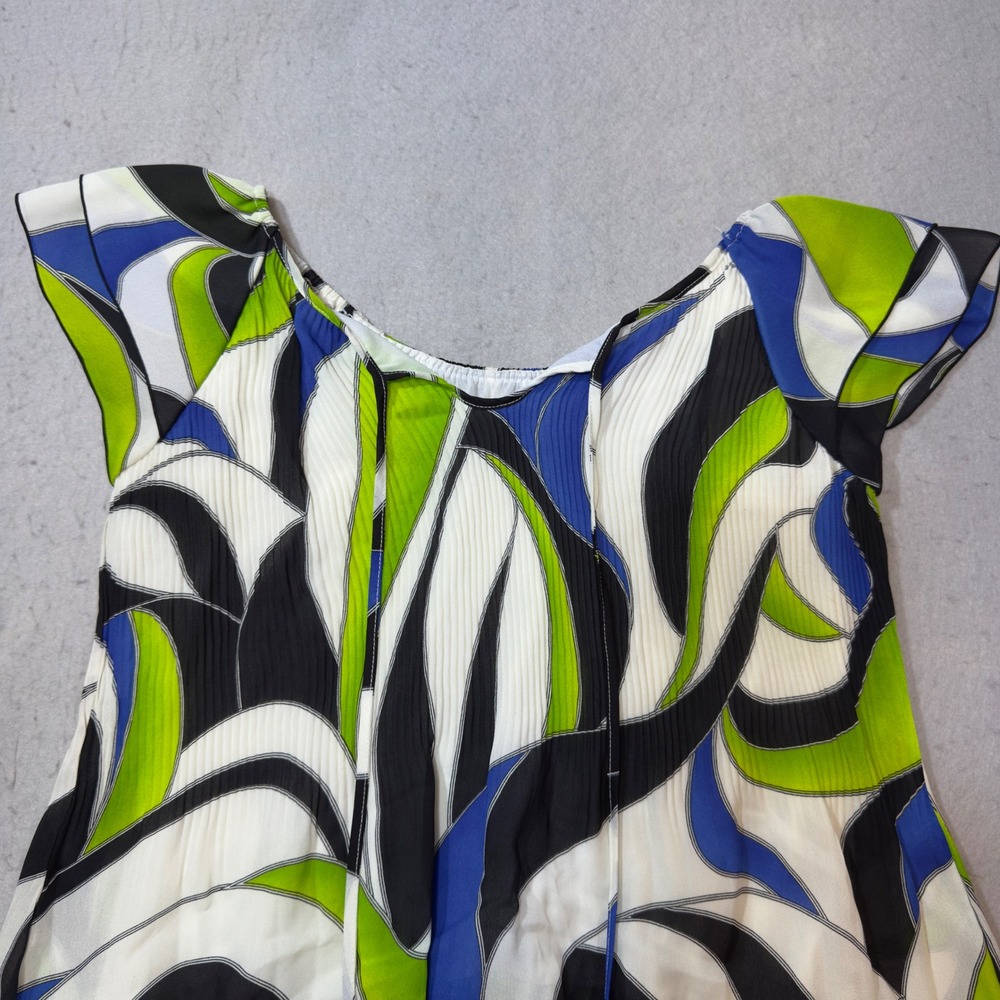 Dressbarn Blouse Womens Medium Green Blue Abstract Pleated Lined Excellent Short